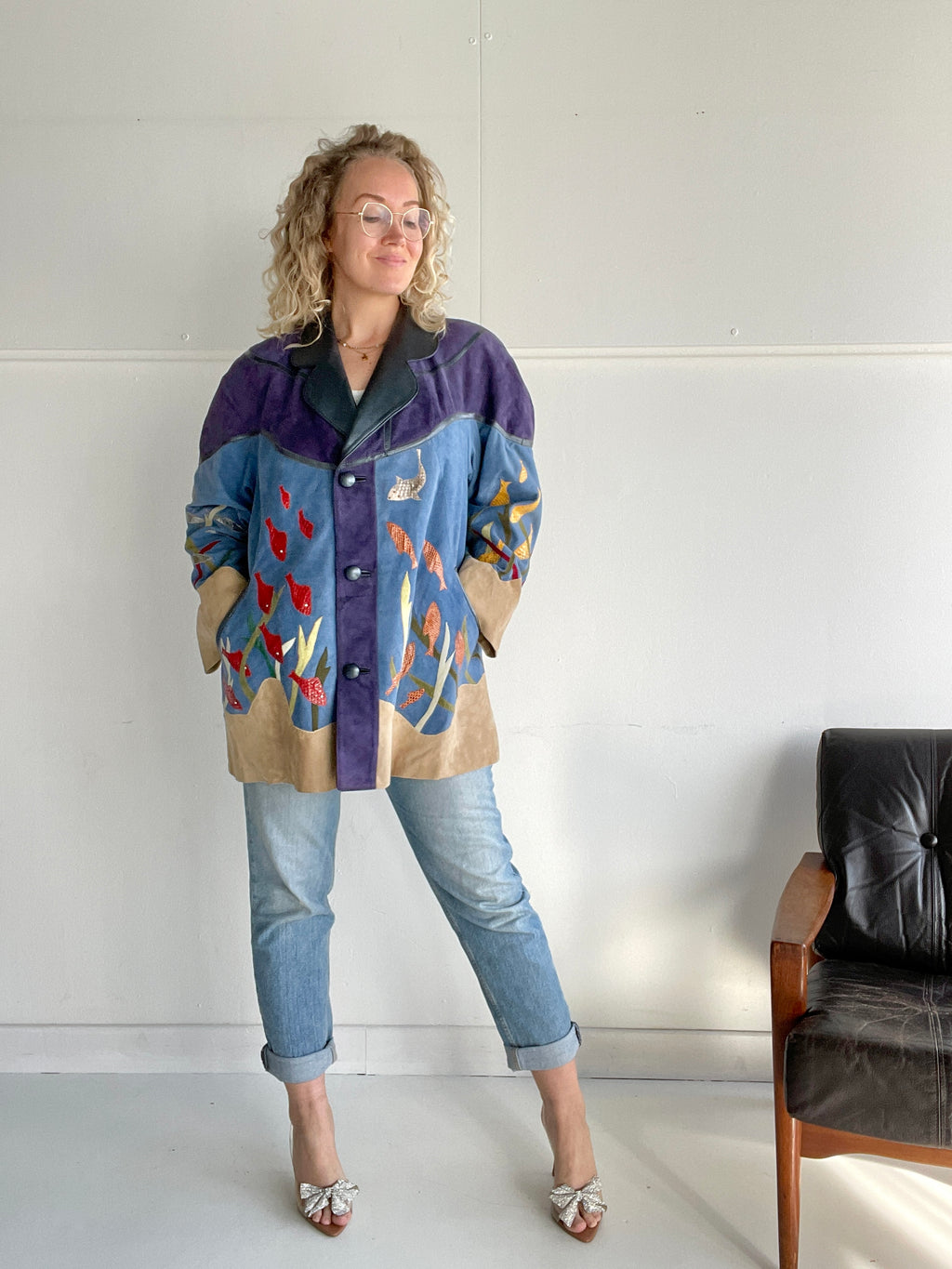 Epic fish-themed suede vintage coat