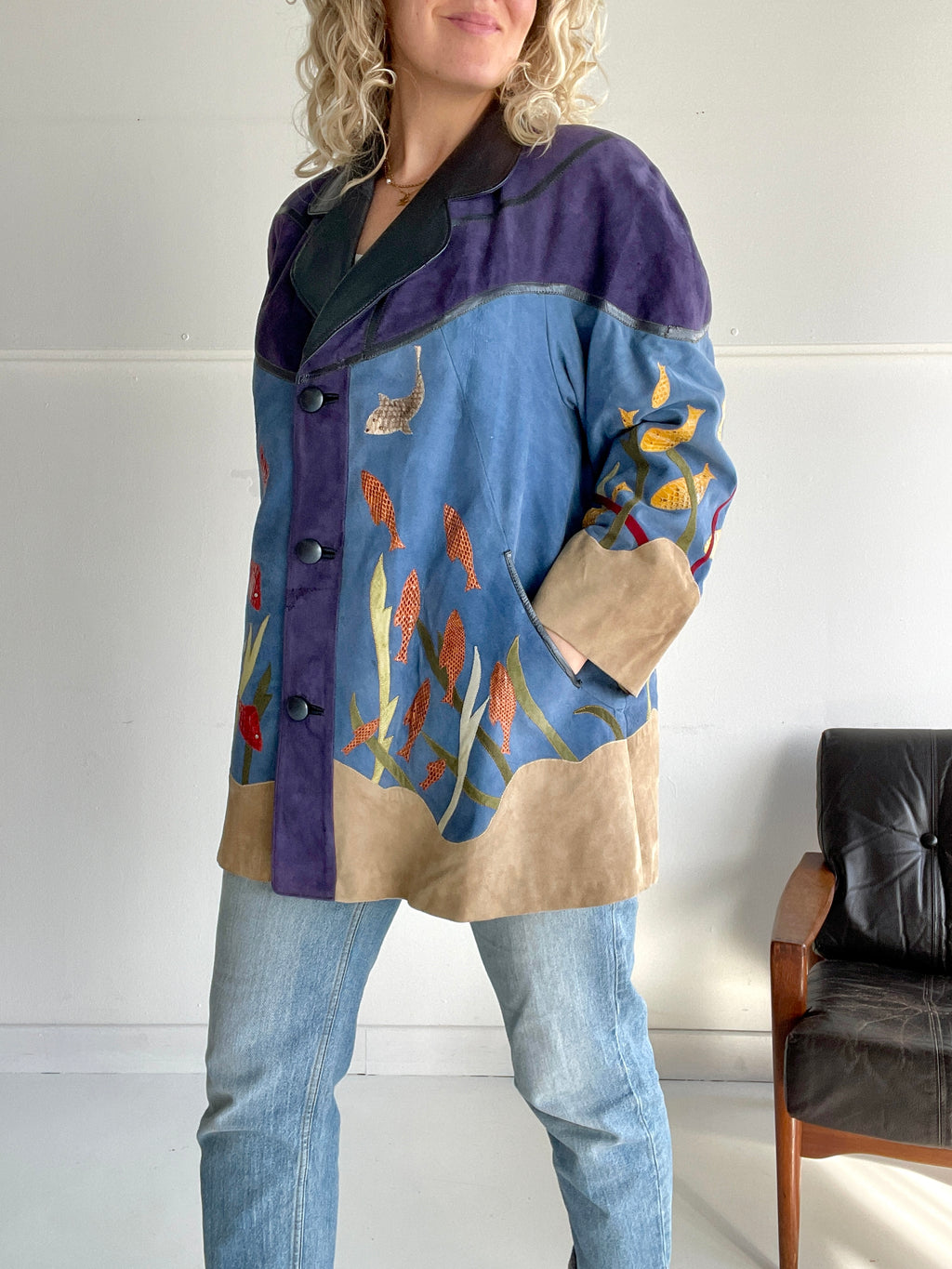 Epic fish-themed suede vintage coat