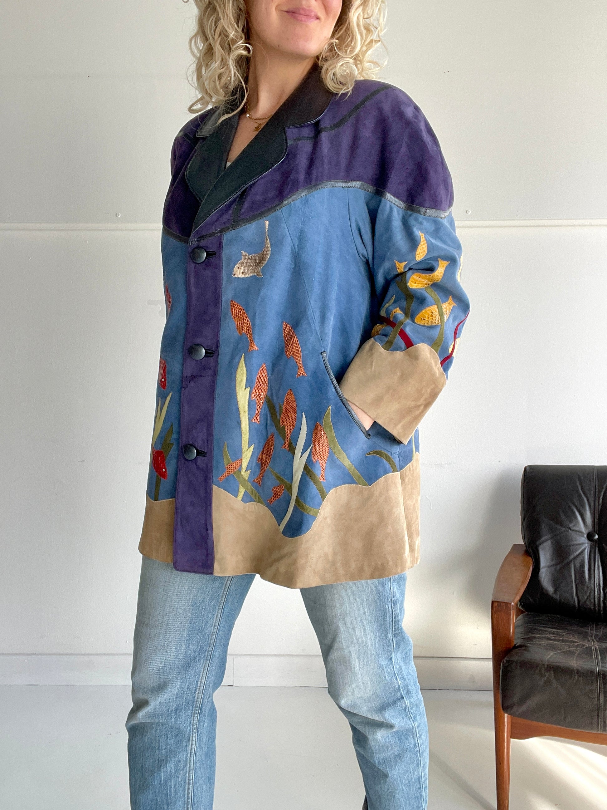 Epic fish-themed suede vintage coat