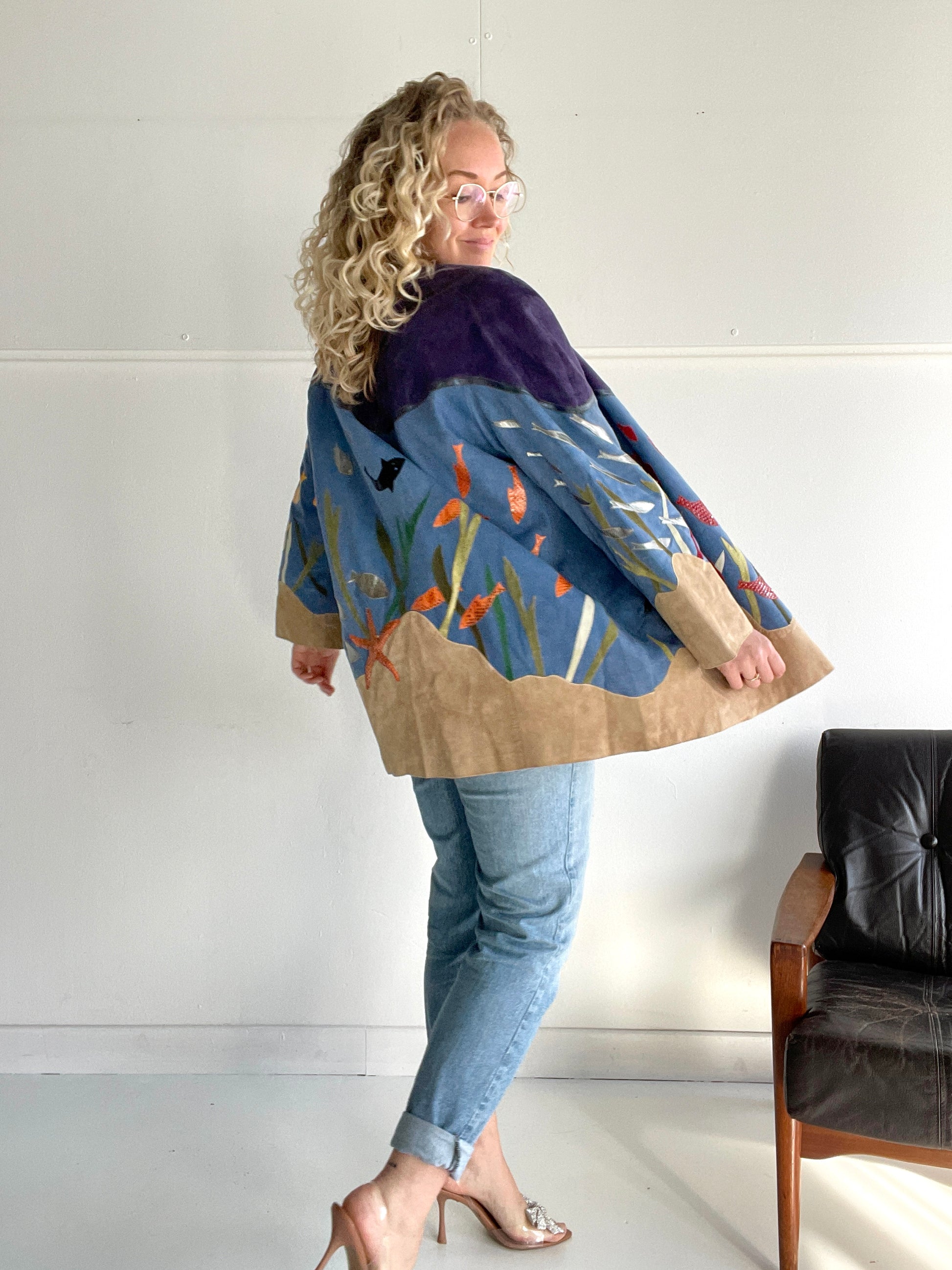 Epic fish-themed suede vintage coat