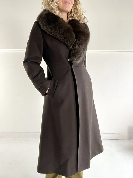 Brown Wool Coat with Faux Fur Collar, full look