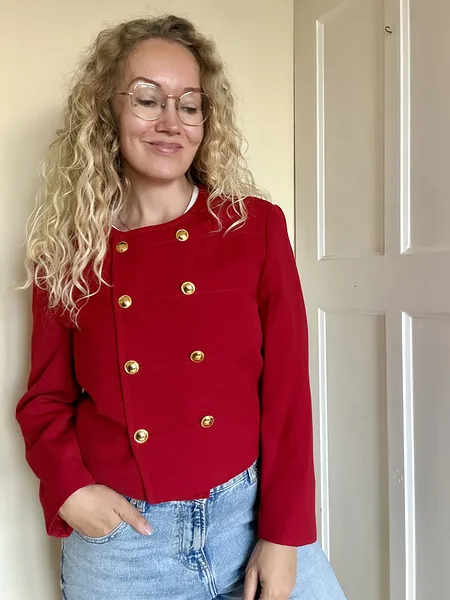 Cropped Red Blazer with Gold Buttons, full look