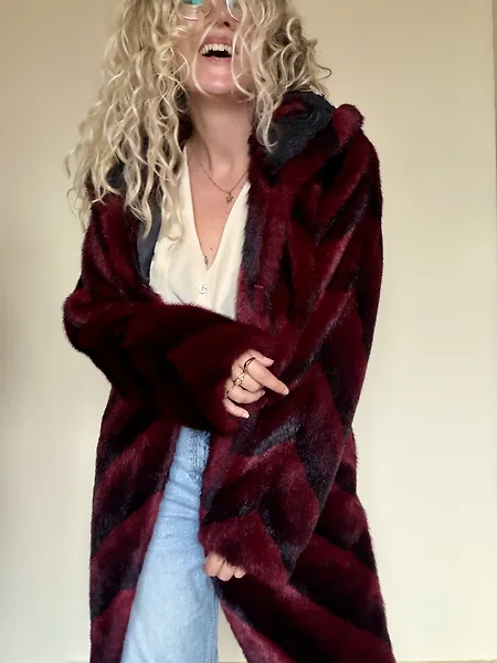 Burgundy Chevron Faux Fur Coat, full look