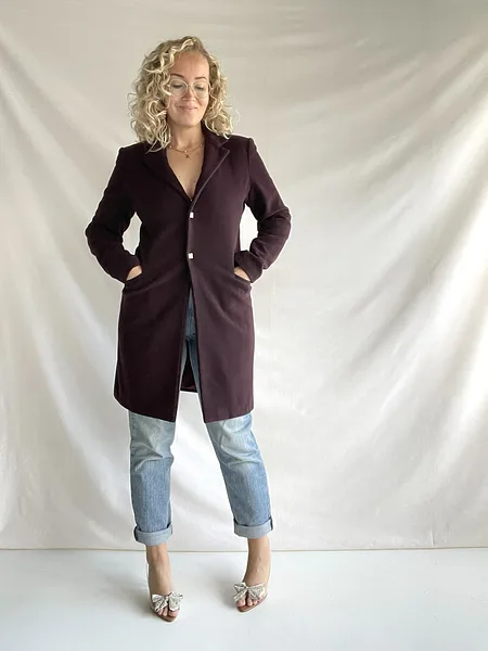 90s Versace Jeans Couture Aubergine Coat, full look
