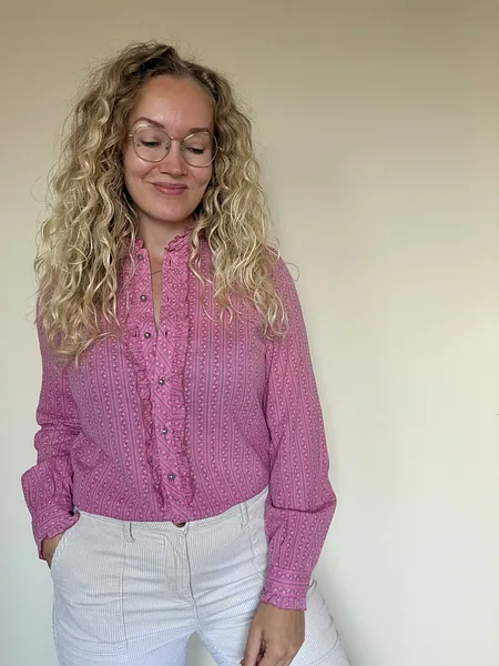Pink Floral Stripe Ruffle Blouse, full look