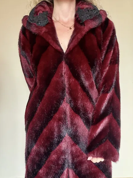 Burgundy Chevron Faux Fur Coat, photo 10