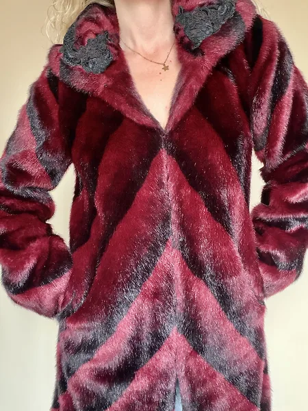 Burgundy Chevron Faux Fur Coat, photo 11