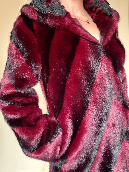 Burgundy Chevron Faux Fur Coat, photo 9