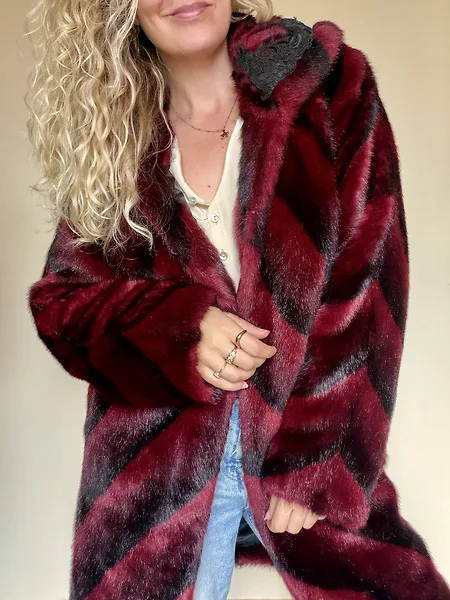 Burgundy Chevron Faux Fur Coat