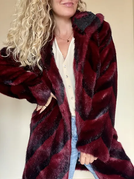 Burgundy Chevron Faux Fur Coat, photo 8