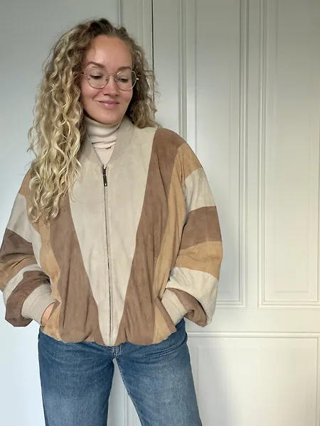 80s Beige Suede Colorblock Bomber, photo 3