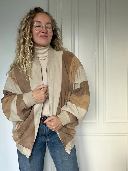80s Beige Suede Colorblock Bomber, photo 6
