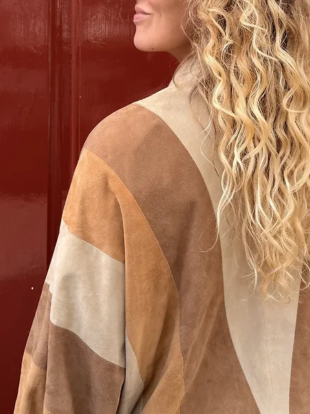 80s Beige Suede Colorblock Bomber, full look