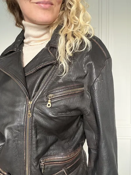 80s Dark Brown Leather Biker Jacket, full look