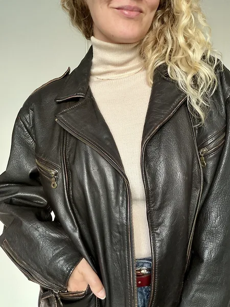 80s Dark Brown Leather Biker Jacket, photo 11