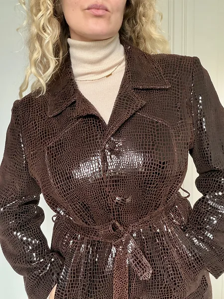 90s Chocolate Brown Croc-Print Suede Jacket, photo 6