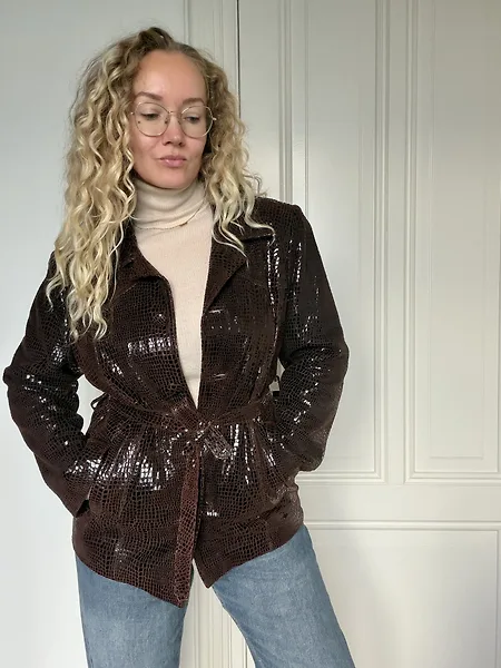 90s Chocolate Brown Croc-Print Suede Jacket, full look