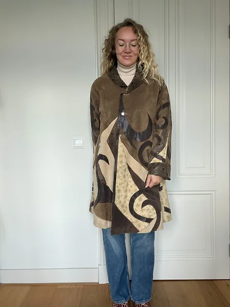 90s Leather and Suede Fantasy Print Trench Coat, photo 10