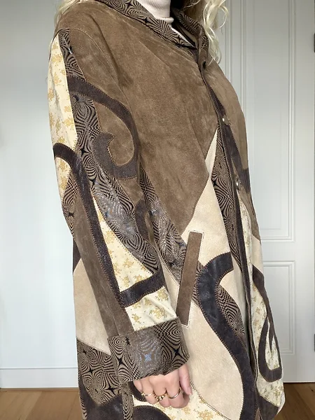90s Leather and Suede Fantasy Print Trench Coat, photo 7