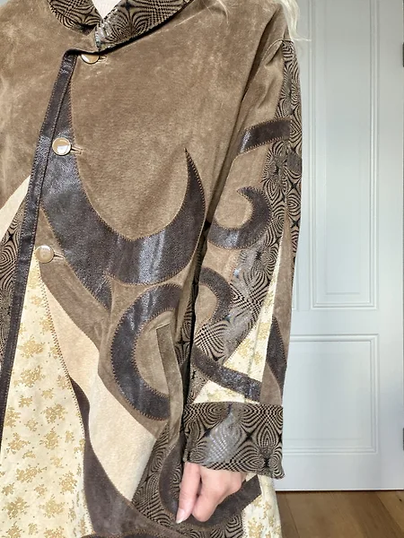 90s Leather and Suede Fantasy Print Trench Coat, photo 8