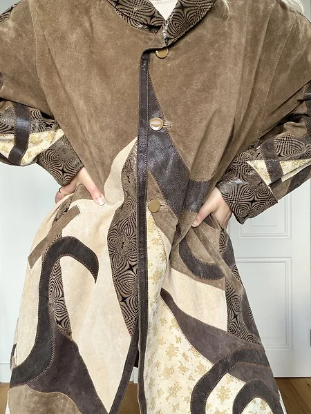 90s Leather and Suede Fantasy Print Trench Coat, full look