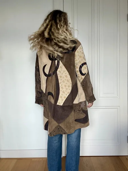 90s Leather and Suede Fantasy Print Trench Coat, photo 5