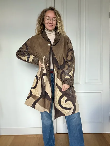 90s Leather and Suede Fantasy Print Trench Coat, photo 3