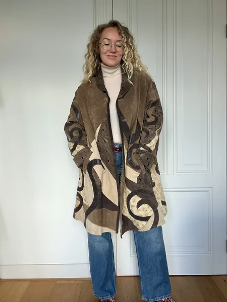 90s Leather and Suede Fantasy Print Trench Coat, photo 6
