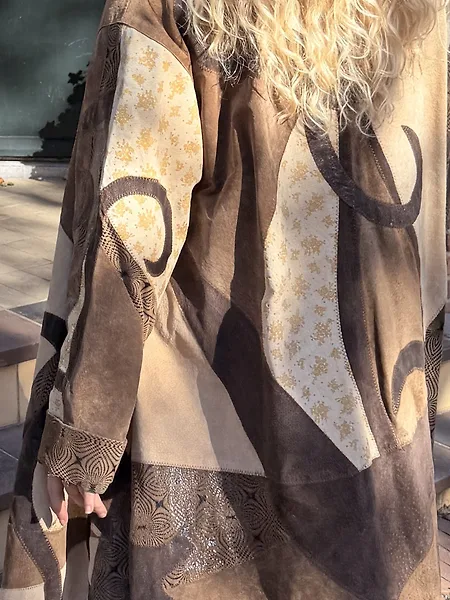 90s Leather and Suede Fantasy Print Trench Coat, photo 4