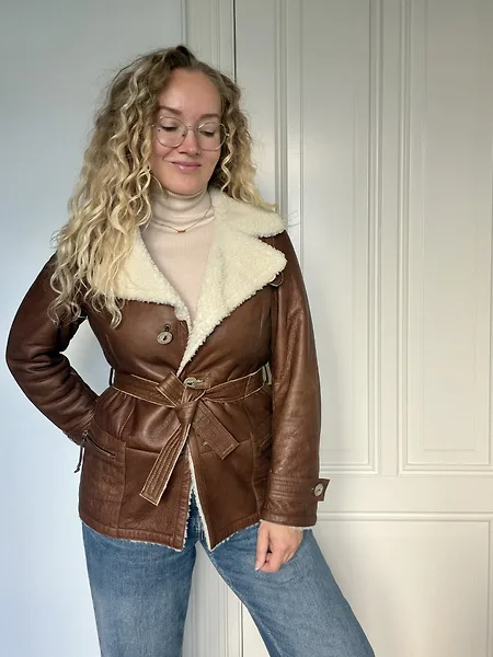 90s Belted Cognac Leather Coat with Cream Lining, photo 3