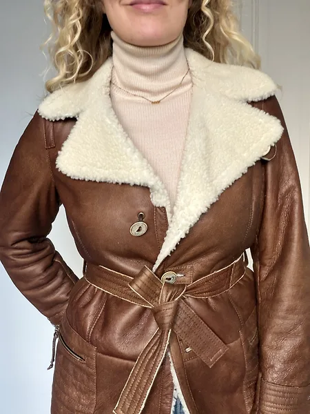 90s Belted Cognac Leather Coat with Cream Lining, photo 5