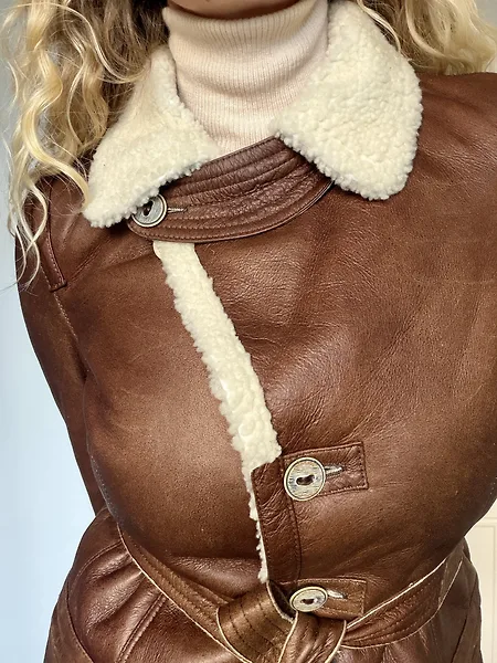 90s Belted Cognac Leather Coat with Cream Lining, photo 1