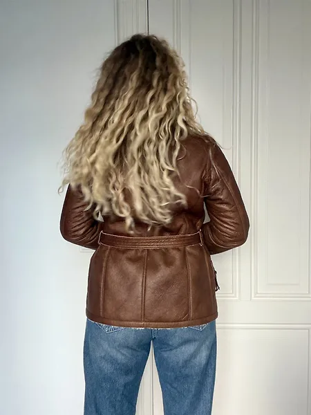 90s Belted Cognac Leather Coat with Cream Lining, photo 7