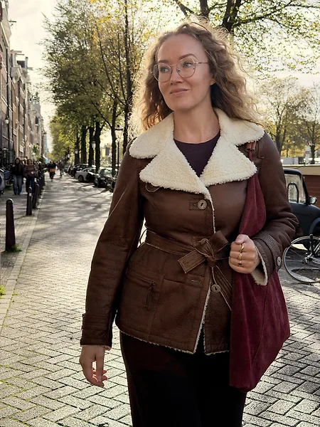 90s Belted Cognac Leather Coat with Cream Lining, photo 2