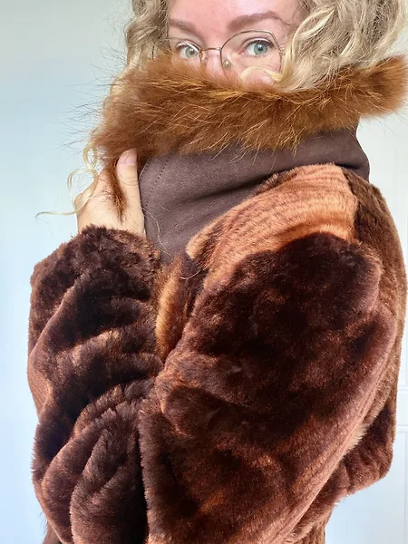 90s Reversible Burned Copper Shearling Coat, full look