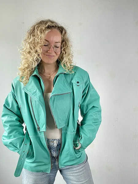 Teal Leather Biker Jacket, full look